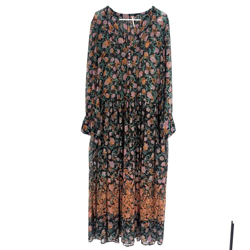 Free People See it Through Floral Chiffon Sheer Maxi Dress Pumpkin Patch Boho M